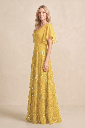 Marigold Chiffon V-Neck A-Line Embroidered Mother of the Bride Dress with Ruffled Sleeves (3) | KISSBRIDAL