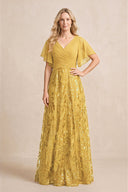 Marigold Chiffon V-Neck A-Line Embroidered Mother of the Bride Dress with Ruffled Sleeves | KISSBRIDAL