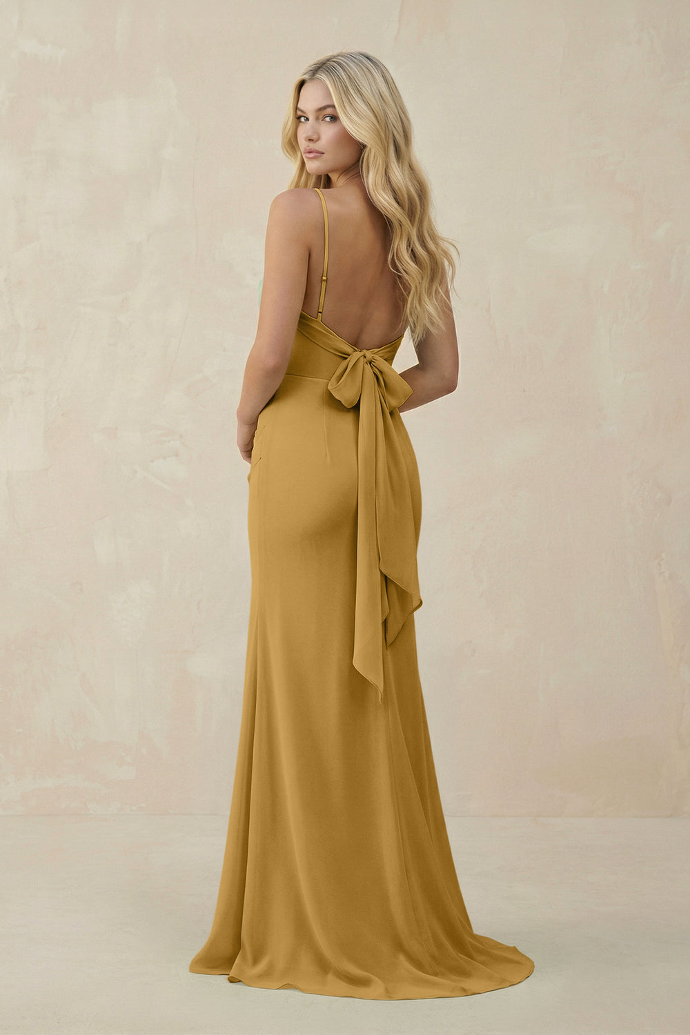 Cowl Neck Sheath Chiffon Bridesmaid Dress with Corset in Marigold
