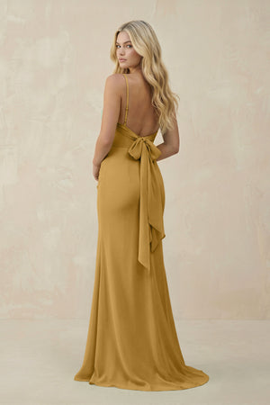 Marigold Cowl Neck Sheath Chiffon Bridesmaid Dress with Corset (2) | KISSBRIDAL