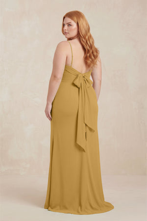Marigold Cowl Neck Sheath Chiffon Bridesmaid Dress with Corset (2) | KISSBRIDAL
