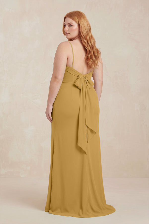 Marigold Cowl Neck Sheath Chiffon Bridesmaid Dress with Corset (2) | KISSBRIDAL