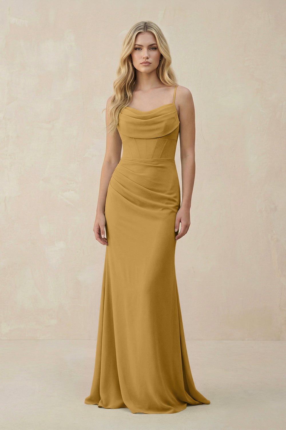 Cowl Neck Sheath Chiffon Bridesmaid Dress with Corset in Marigold