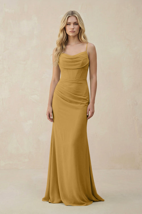 Marigold Cowl Neck Sheath Chiffon Bridesmaid Dress with Corset | KISSBRIDAL
