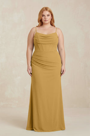 Marigold Cowl Neck Sheath Chiffon Bridesmaid Dress with Corset | KISSBRIDAL