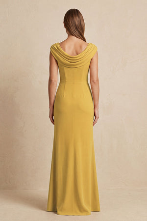 Marigold Cowl Neck Sheath Chiffon Mother of the Bride Dress with Slit and Cap Sleeves (2) | KISSBRIDAL