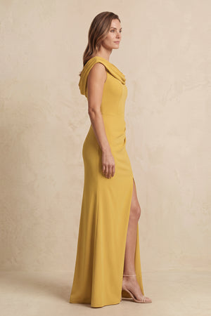 Marigold Cowl Neck Sheath Chiffon Mother of the Bride Dress with Slit and Cap Sleeves (3) | KISSBRIDAL