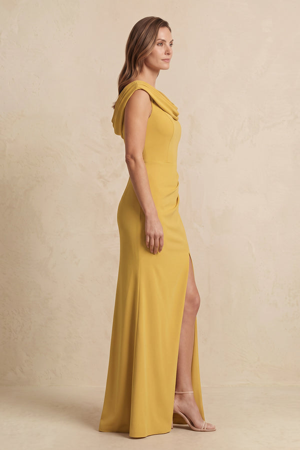 Marigold Cowl Neck Sheath Chiffon Mother of the Bride Dress with Slit and Cap Sleeves (3) | KISSBRIDAL
