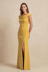 Marigold Cowl Neck Sheath Chiffon Mother of the Bride Dress with Slit and Cap Sleeves | KISSBRIDAL