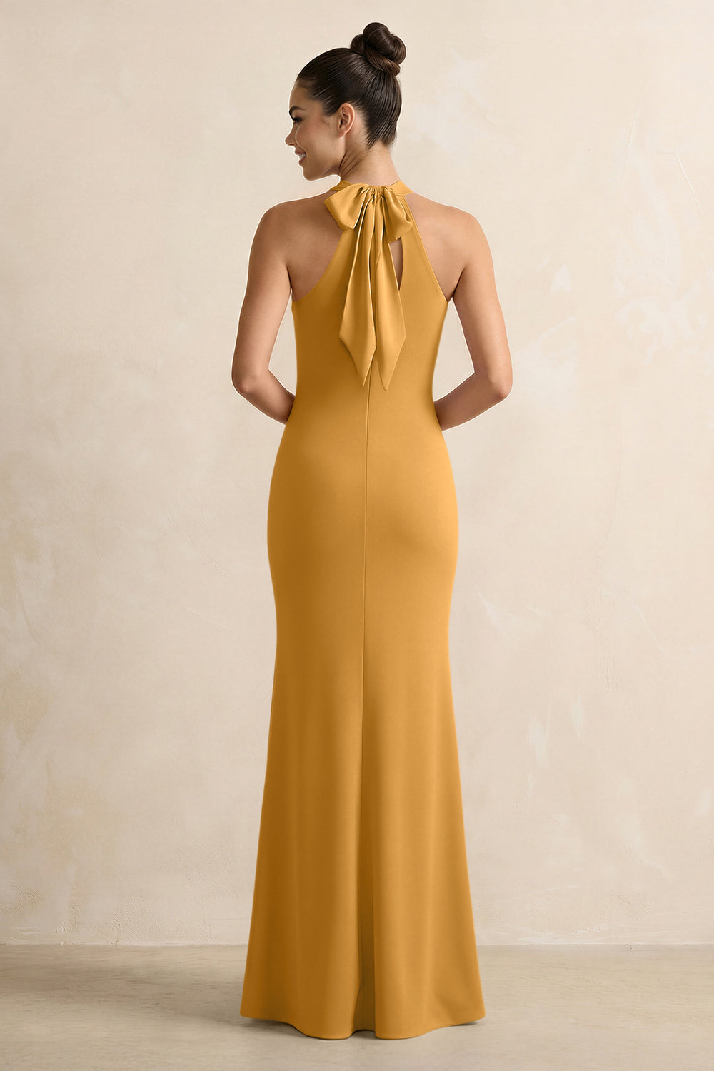 Crisscross Halter Sheath Satin Bridesmaid Dress with Bow in Marigold