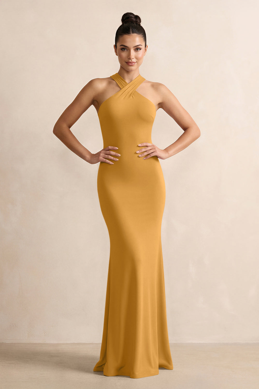 Crisscross Halter Sheath Satin Bridesmaid Dress with Bow in Marigold