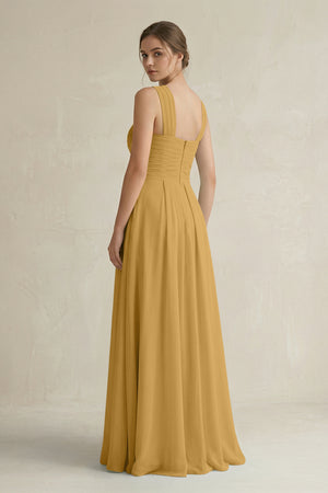 Marigold Cross Halter Chiffon A-Line Pleated Bridesmaid Dress (2) | KISSBRIDAL