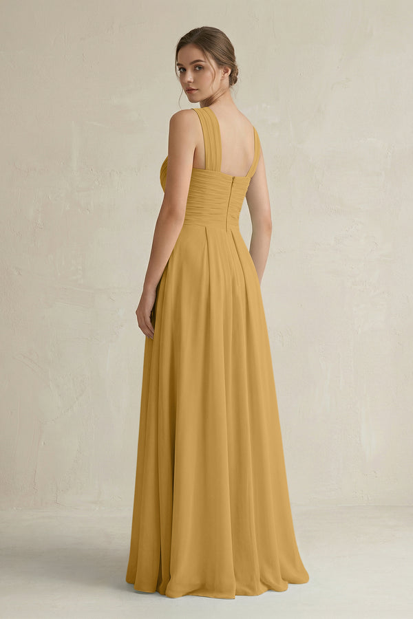 Marigold Cross Halter Chiffon A-Line Pleated Bridesmaid Dress (2) | KISSBRIDAL