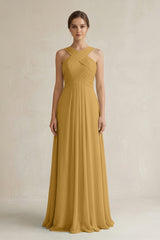 Marigold Cross Halter Chiffon A-Line Pleated Bridesmaid Dress | KISSBRIDAL