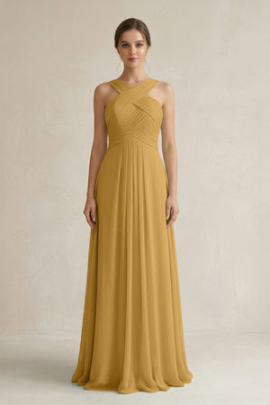 Marigold Cross Halter Chiffon A-Line Pleated Bridesmaid Dress | KISSBRIDAL