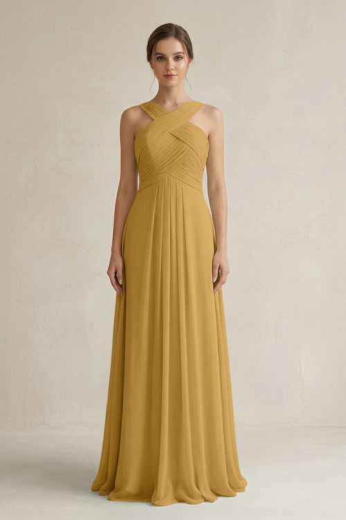 Marigold Cross Halter Chiffon A-Line Pleated Bridesmaid Dress | KISSBRIDAL