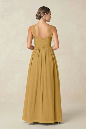 Marigold Cross Halter Neck Chiffon A-Line Bridesmaid Dress With Slit (2) | KISSBRIDAL