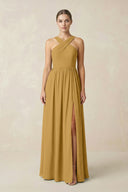 Marigold Cross Halter Neck Chiffon A-Line Bridesmaid Dress With Slit | KISSBRIDAL