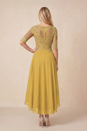 Marigold Embroidered A-Line Chiffon Midi Mother of the Bride Dress with Sleeves (2) | KISSBRIDAL