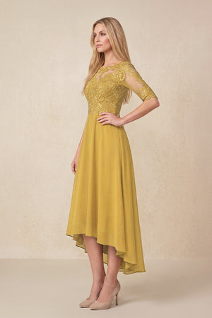Marigold Embroidered A-Line Chiffon Midi Mother of the Bride Dress with Sleeves (3) | KISSBRIDAL