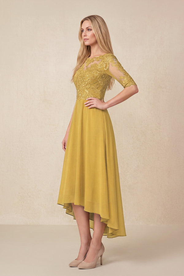 Marigold Embroidered A-Line Chiffon Midi Mother of the Bride Dress with Sleeves (3) | KISSBRIDAL