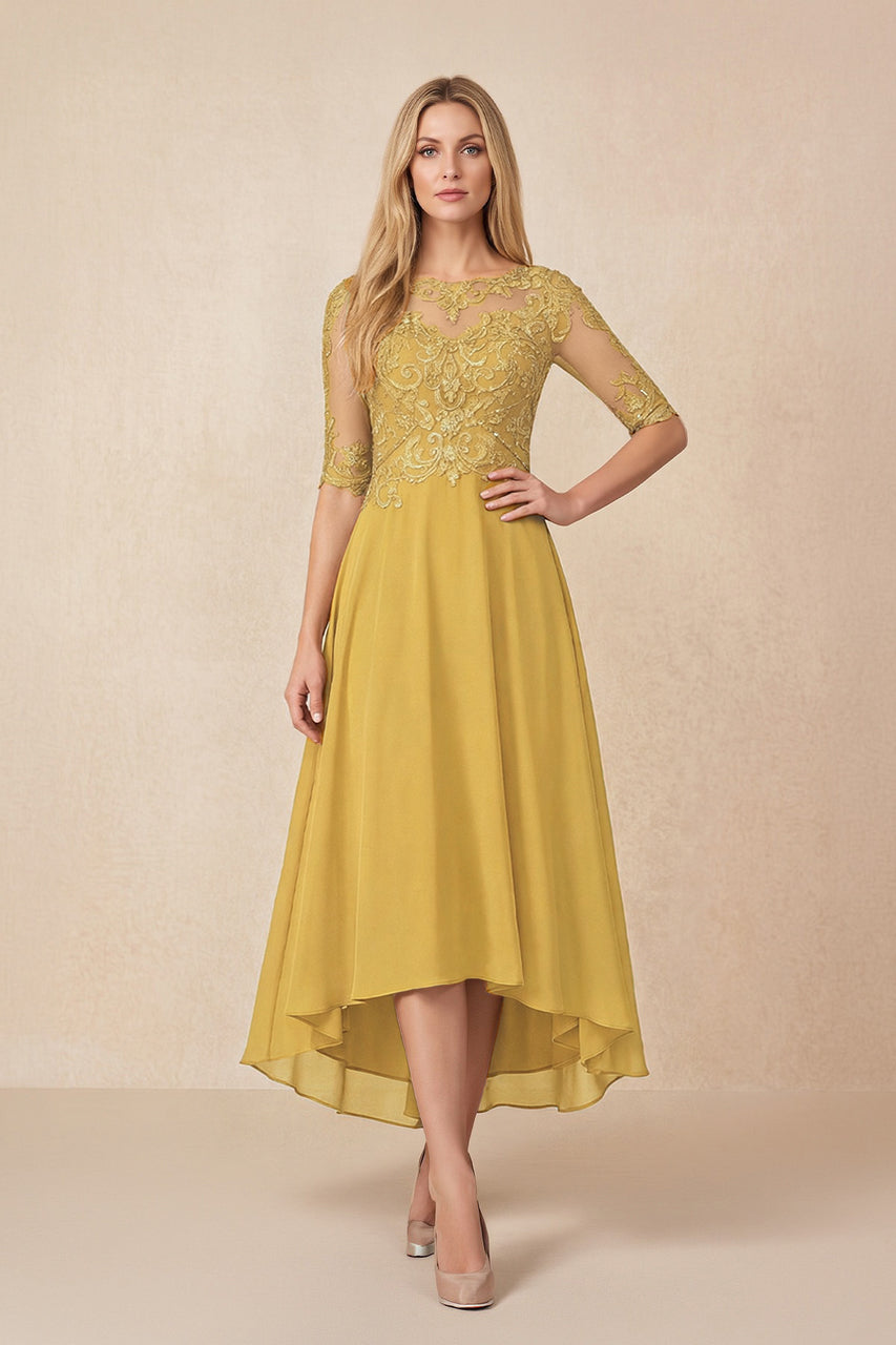 Marigold Embroidered A-Line Chiffon Midi Mother of the Bride Dress with Sleeves