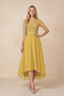 Marigold Embroidered A-Line Chiffon Midi Mother of the Bride Dress with Sleeves | KISSBRIDAL
