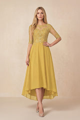 Marigold Embroidered A-Line Chiffon Midi Mother of the Bride Dress with Sleeves | KISSBRIDAL
