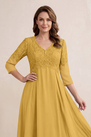 Marigold Embroidered Chiffon A-Line Midi Mother of the Bride Dress (3) | KISSBRIDAL