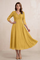 Marigold Embroidered Chiffon A-Line Midi Mother of the Bride Dress | KISSBRIDAL