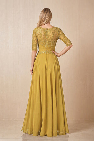 Marigold Embroidered Chiffon Boat Neck A-Line Mother of the Bride Dress with Half Sleeves (2) | KISSBRIDAL