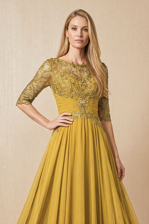 Marigold Embroidered Chiffon Boat Neck A-Line Mother of the Bride Dress with Half Sleeves (3) | KISSBRIDAL