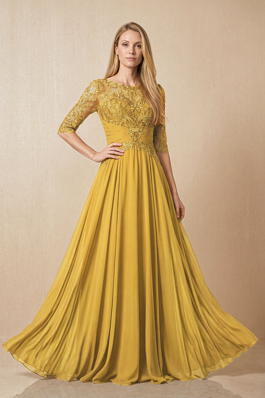 Marigold Embroidered Chiffon Boat Neck A-Line Mother of the Bride Dress with Half Sleeves
