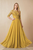 Marigold Embroidered Chiffon Boat Neck A-Line Mother of the Bride Dress with Half Sleeves | KISSBRIDAL