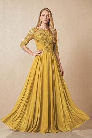 Marigold Embroidered Chiffon Boat Neck A-Line Mother of the Bride Dress with Half Sleeves | KISSBRIDAL