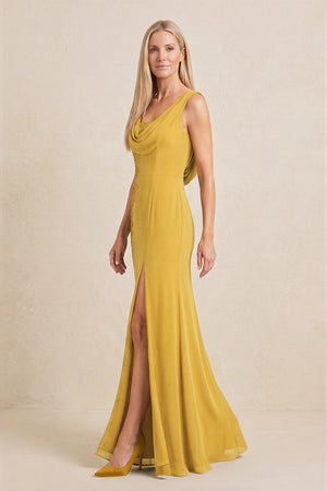 Marigold Embroidered Cowl Neck Sheath Chiffon Mother of the Bride Dress (3) | KISSBRIDAL