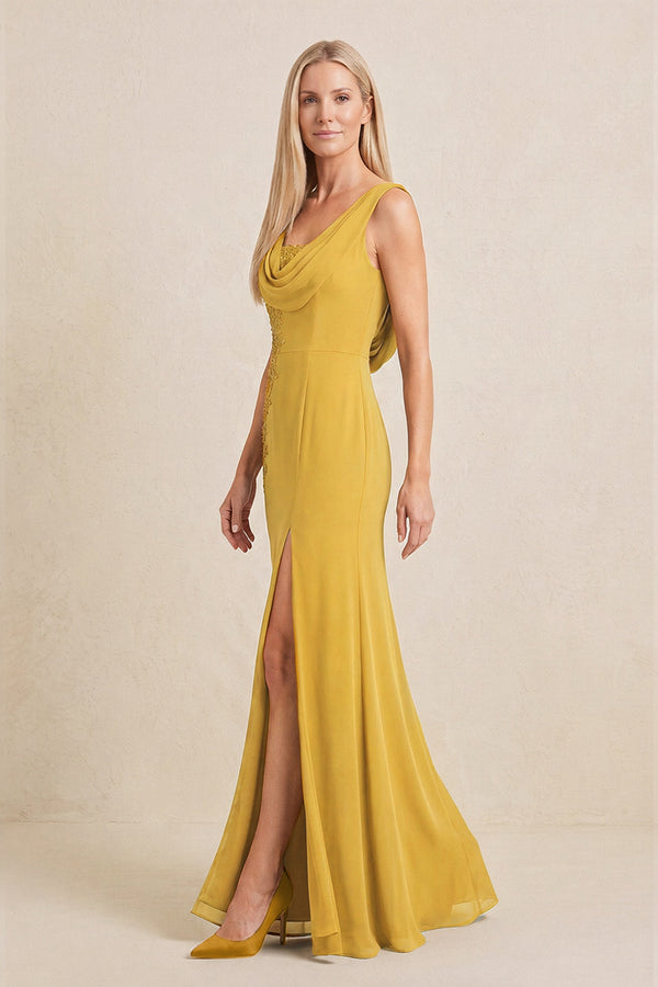 Marigold Embroidered Cowl Neck Sheath Chiffon Mother of the Bride Dress (3) | KISSBRIDAL