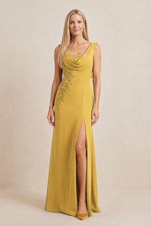 Marigold Embroidered Cowl Neck Sheath Chiffon Mother of the Bride Dress | KISSBRIDAL