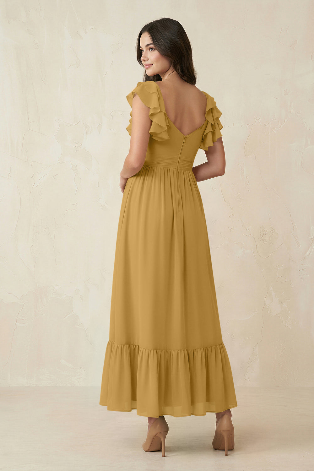 Flutter Sleeve Sweetheart A-Line Chiffon Bridesmaid Dress in Marigold