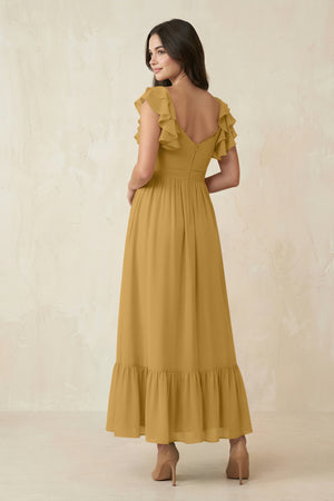 Marigold Flutter Sleeve Sweetheart A-Line Chiffon Bridesmaid Dress (2) | KISSBRIDAL