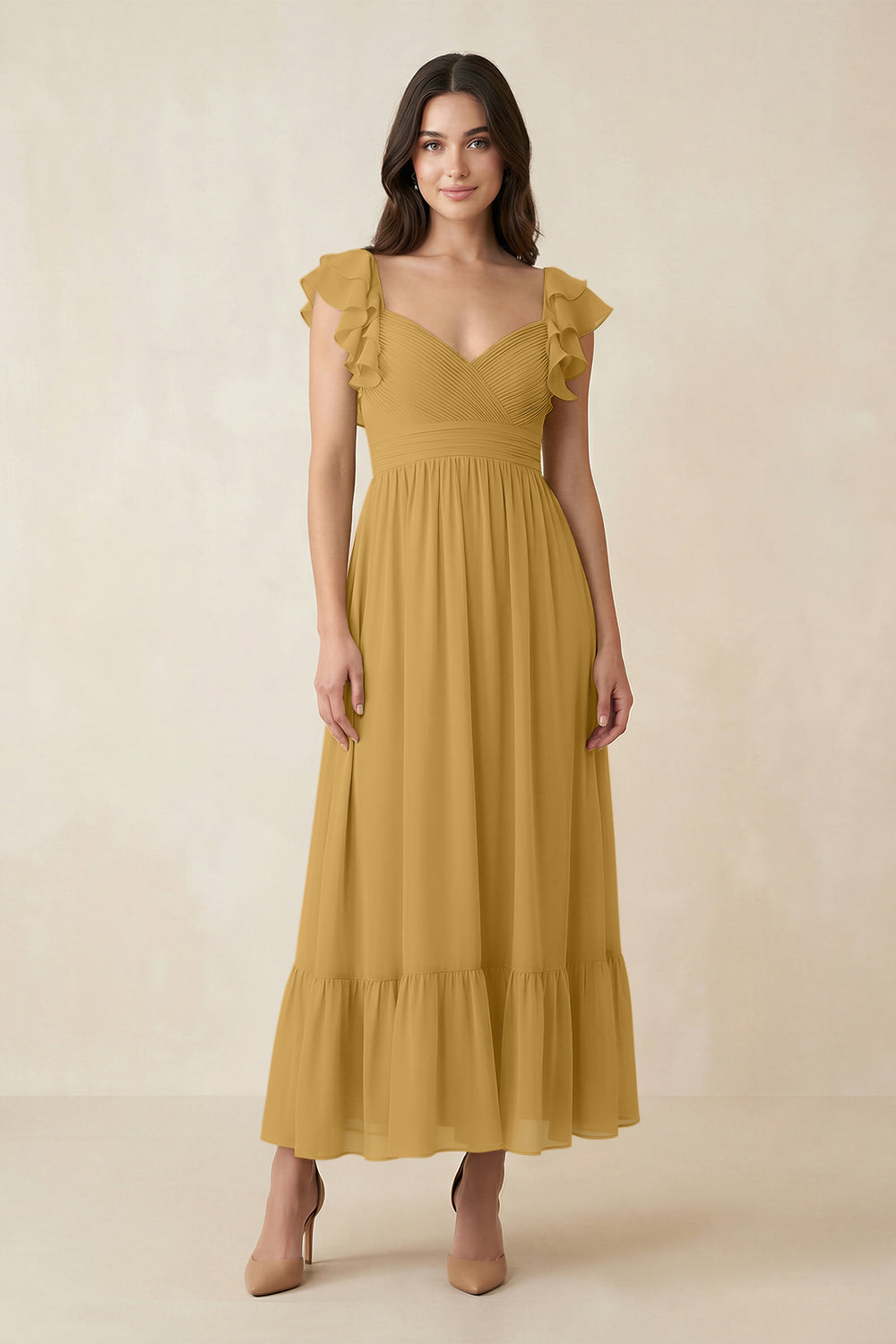 Flutter Sleeve Sweetheart A-Line Chiffon Bridesmaid Dress in Marigold