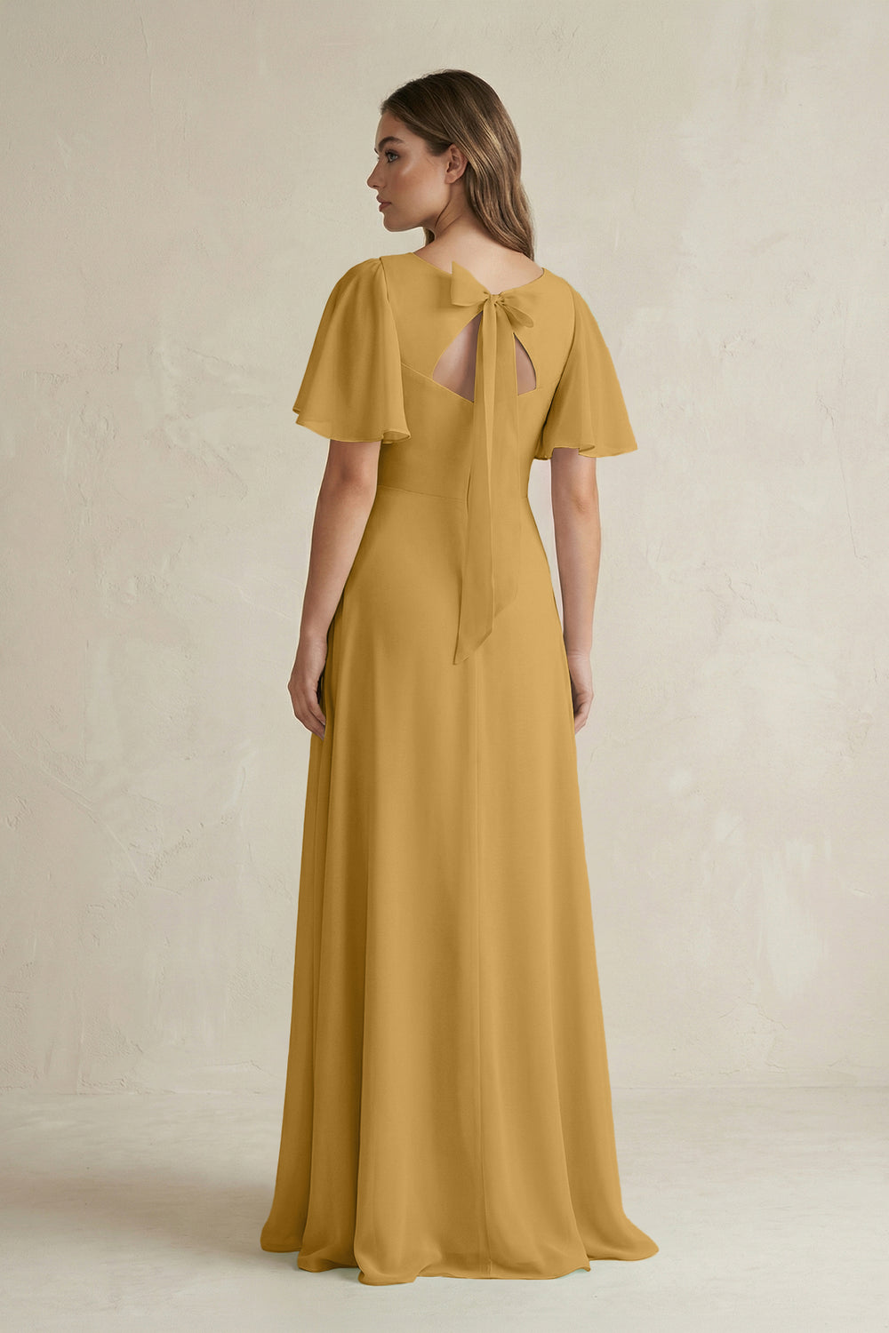 Flutter Sleeve V-Neck A-Line Chiffon Bridesmaid Dress in Marigold