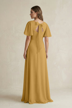 Marigold Flutter Sleeve V-Neck A-Line Chiffon Bridesmaid Dress (2) | KISSBRIDAL