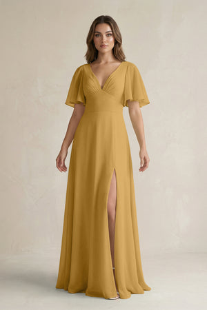 Marigold Flutter Sleeve V-Neck A-Line Chiffon Bridesmaid Dress | KISSBRIDAL