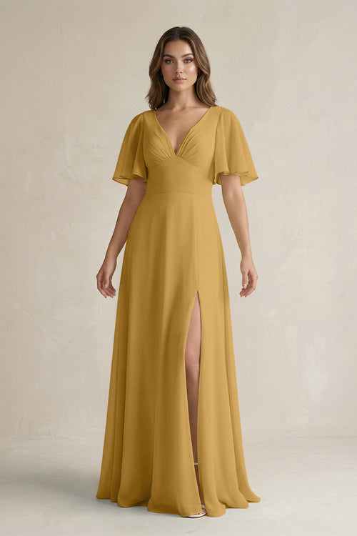 Marigold Flutter Sleeve V-Neck A-Line Chiffon Bridesmaid Dress | KISSBRIDAL