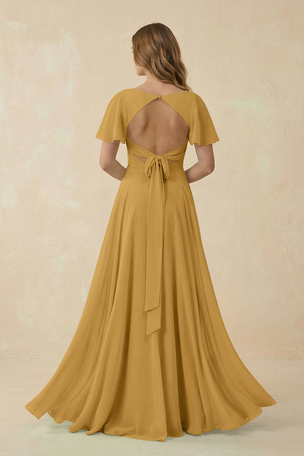 Flutter Sleeve V-Neck Chiffon A-Line Bridesmaid Dress in Marigold