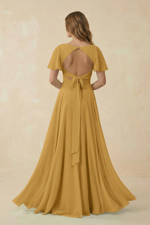 Marigold Flutter Sleeve V-Neck Chiffon A-Line Bridesmaid Dress (2) | KISSBRIDAL