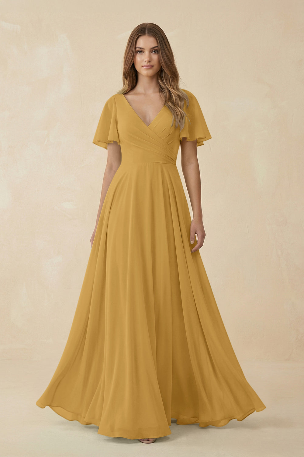 Flutter Sleeve V-Neck Chiffon A-Line Bridesmaid Dress in Marigold