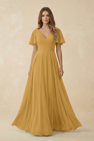 Marigold Flutter Sleeve V-Neck Chiffon A-Line Bridesmaid Dress | KISSBRIDAL