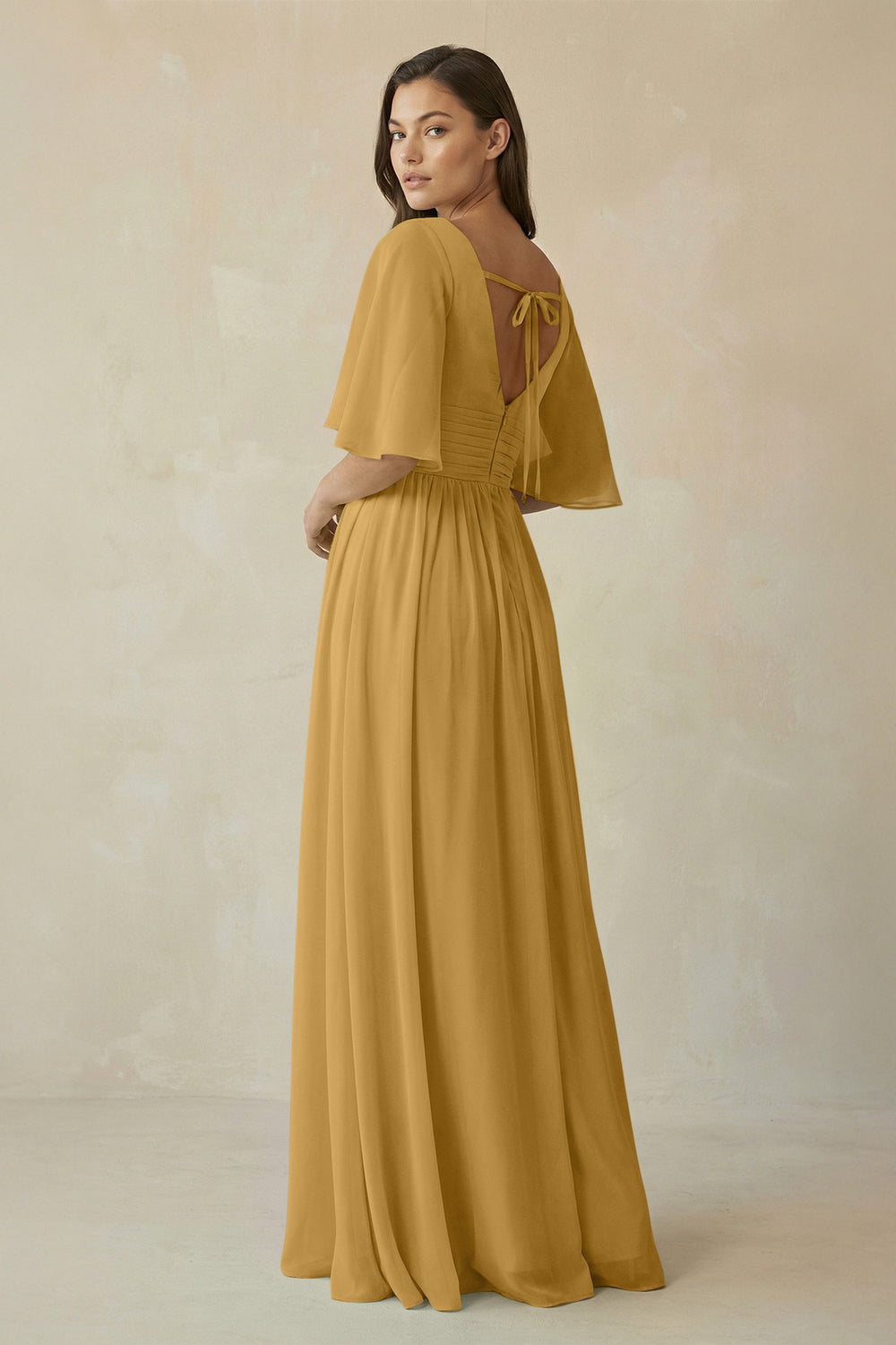 Half Sleeve V-Neck A-Line Chiffon Bridesmaid Gown in Marigold